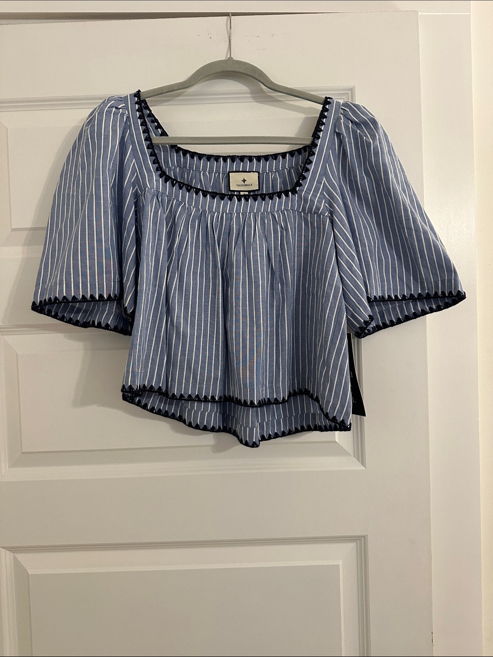 Tuckernuck Blue and White Striped Square-Neck Puff Sleeve Blouse